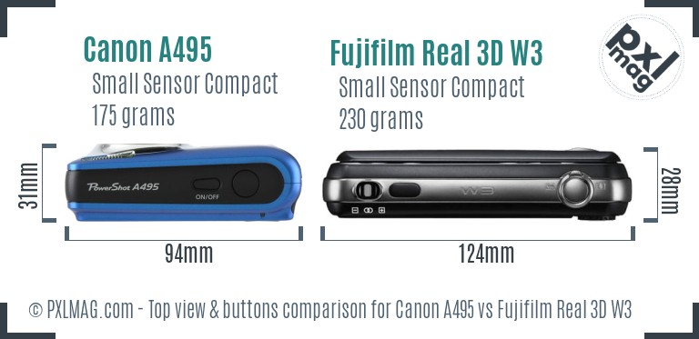 Canon A495 vs Fujifilm Real 3D W3 top view buttons comparison