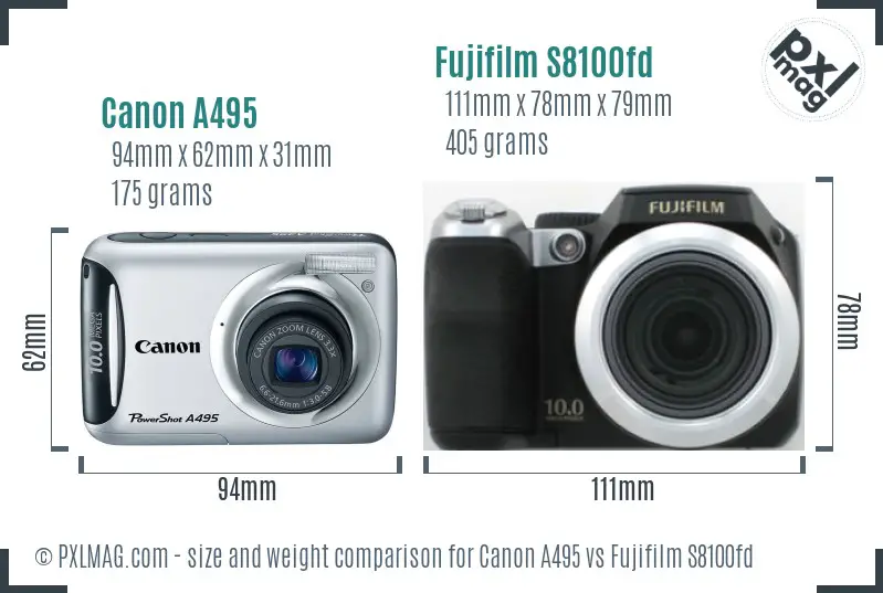 Canon A495 vs Fujifilm S8100fd size comparison