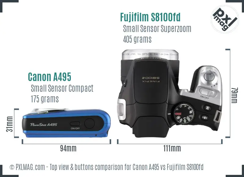 Canon A495 vs Fujifilm S8100fd top view buttons comparison