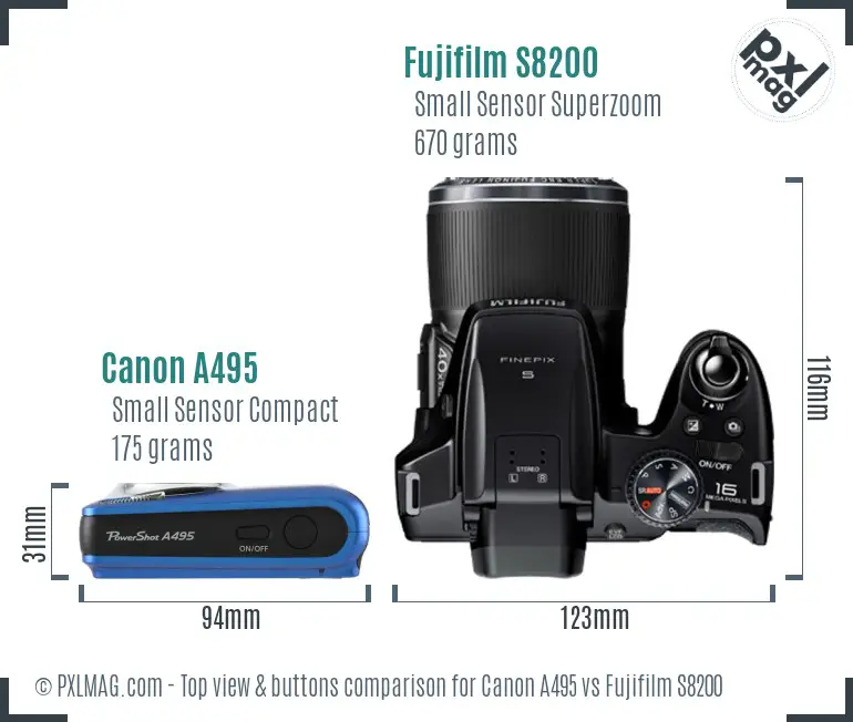 Canon A495 vs Fujifilm S8200 top view buttons comparison