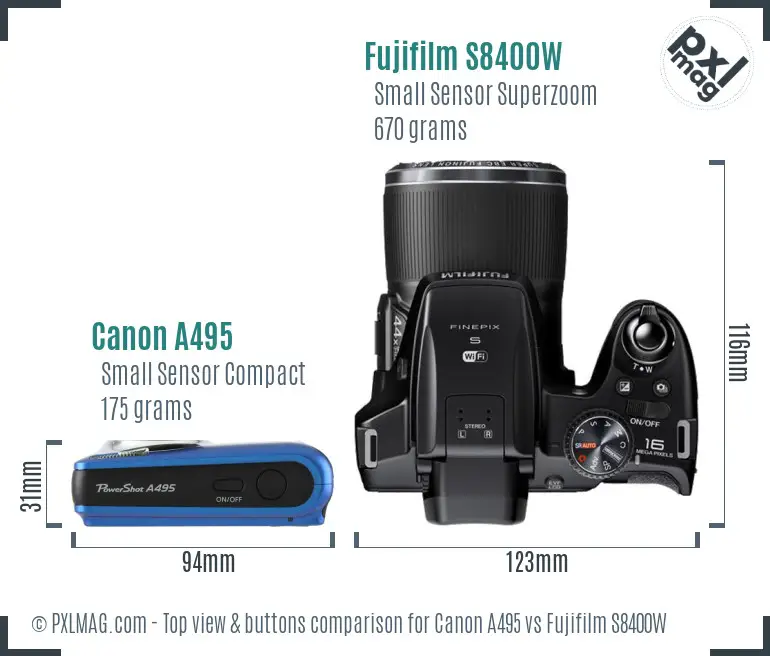 Canon A495 vs Fujifilm S8400W top view buttons comparison