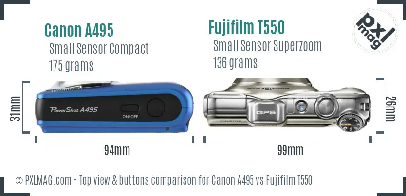 Canon A495 vs Fujifilm T550 top view buttons comparison Canon A495 vs Fujifilm T550 top view buttons comparison