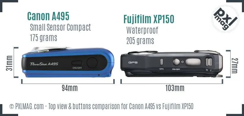 Canon A495 vs Fujifilm XP150 top view buttons comparison Canon A495 vs Fujifilm XP150 top view buttons comparison