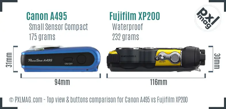 Canon A495 vs Fujifilm XP200 top view buttons comparison