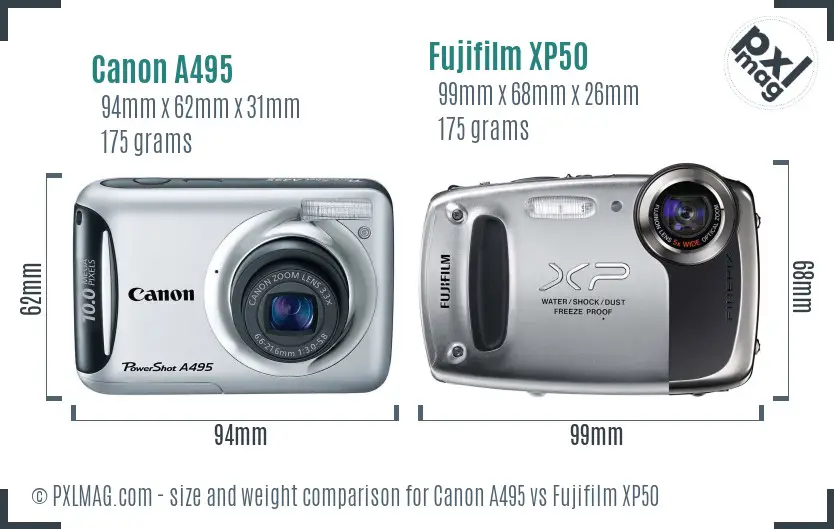 Canon A495 vs Fujifilm XP50 size comparison