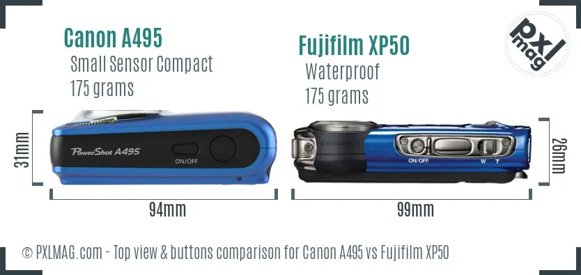 Canon A495 vs Fujifilm XP50 top view buttons comparison
