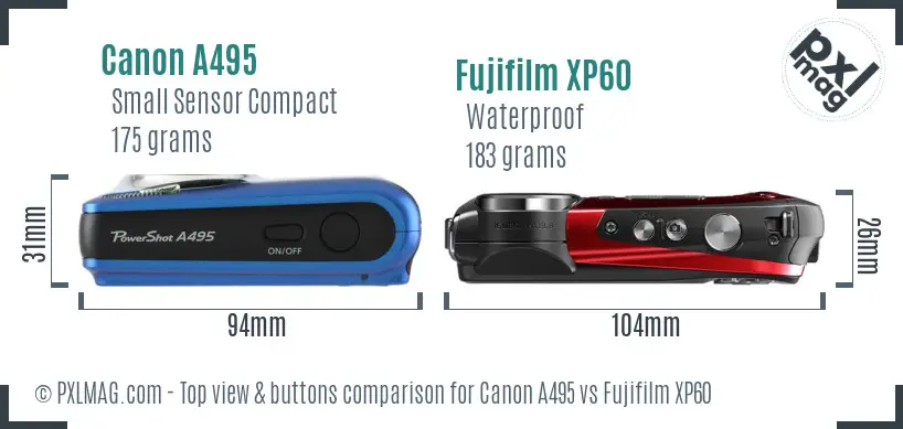 Canon A495 vs Fujifilm XP60 top view buttons comparison