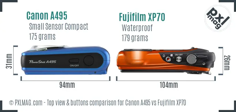 Canon A495 vs Fujifilm XP70 top view buttons comparison