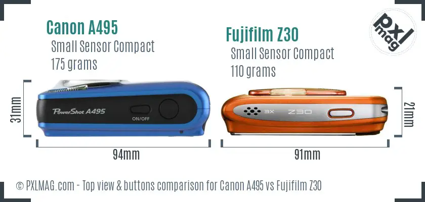 Canon A495 vs Fujifilm Z30 top view buttons comparison
