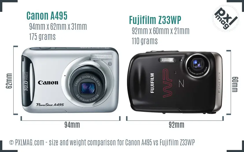 Canon A495 vs Fujifilm Z33WP size comparison