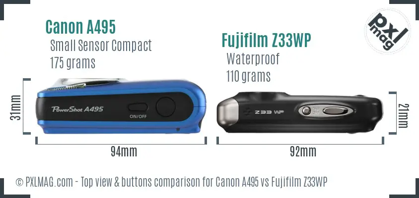 Canon A495 vs Fujifilm Z33WP top view buttons comparison