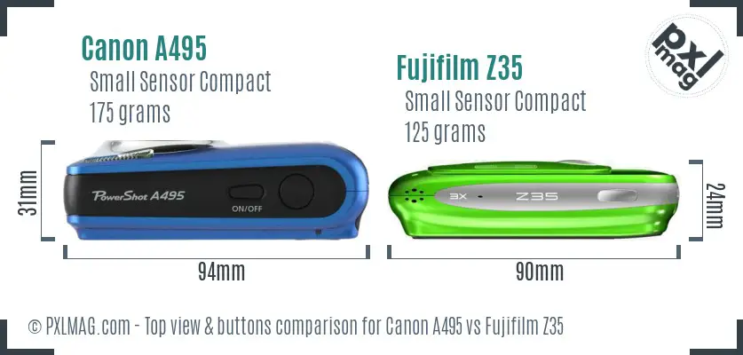 Canon A495 vs Fujifilm Z35 top view buttons comparison