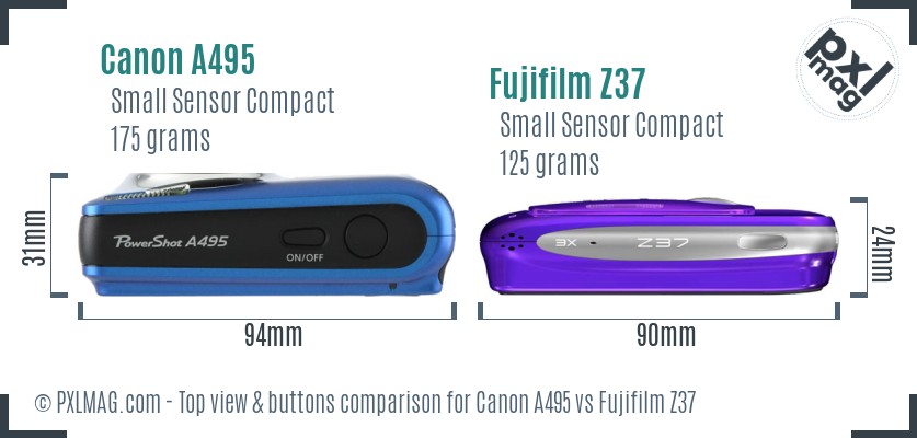 Canon A495 vs Fujifilm Z37 top view buttons comparison