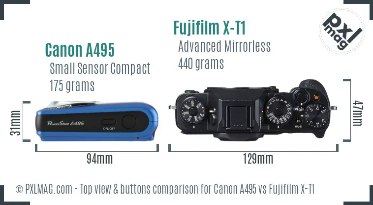 Canon A495 vs Fujifilm X-T1 top view buttons comparison