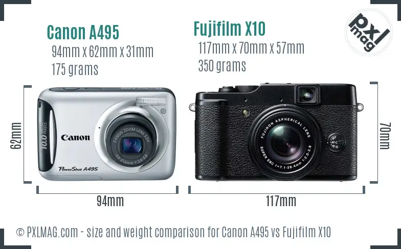 Canon A495 vs Fujifilm X10 size comparison