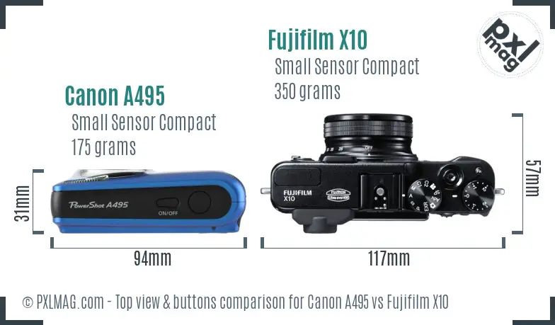 Canon A495 vs Fujifilm X10 top view buttons comparison