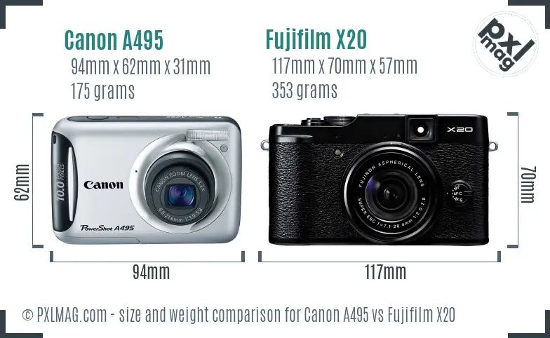 Canon A495 vs Fujifilm X20 size comparison