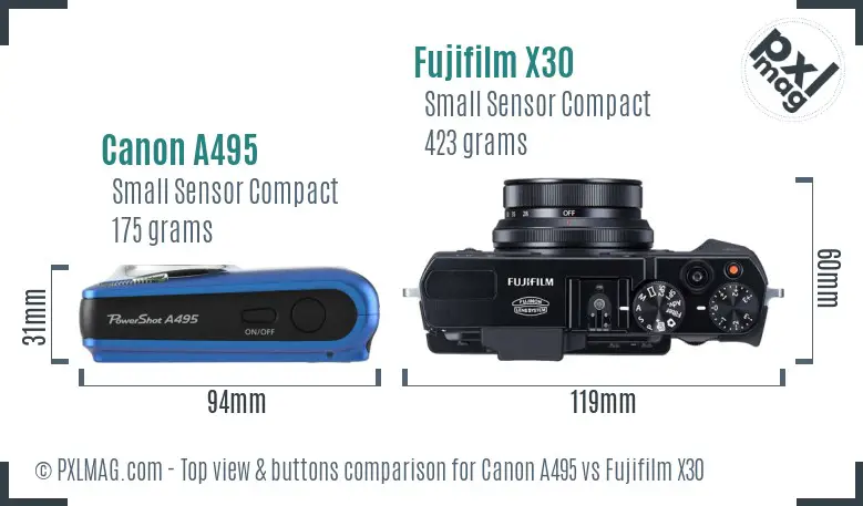 Canon A495 vs Fujifilm X30 top view buttons comparison