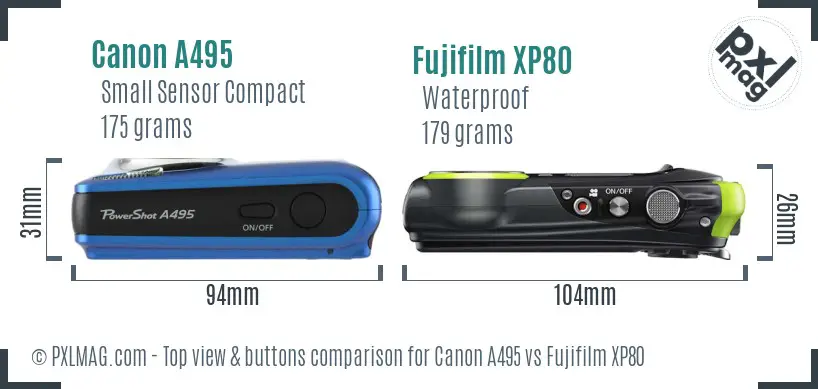 Canon A495 vs Fujifilm XP80 top view buttons comparison Canon A495 vs Fujifilm XP80 top view buttons comparison