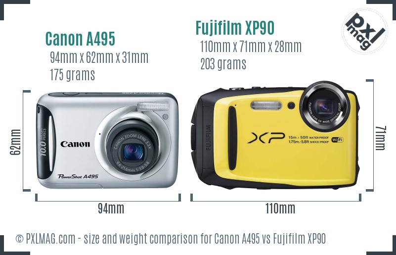 Canon A495 vs Fujifilm XP90 size comparison