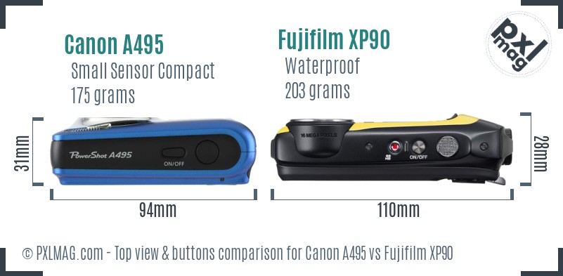 Canon A495 vs Fujifilm XP90 top view buttons comparison