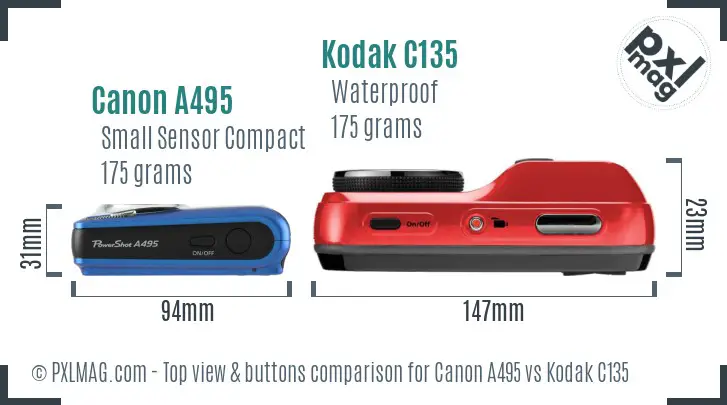 Canon A495 vs Kodak C135 top view buttons comparison