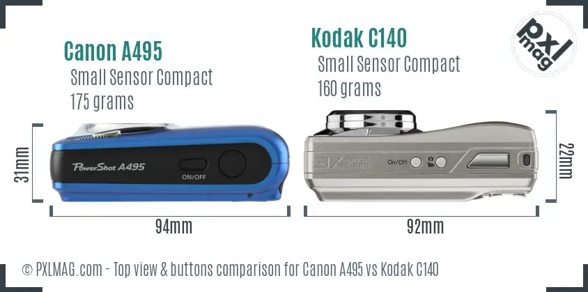 Canon A495 vs Kodak C140 top view buttons comparison