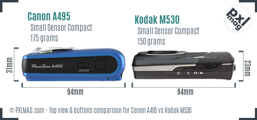Canon A495 vs Kodak M530 top view buttons comparison