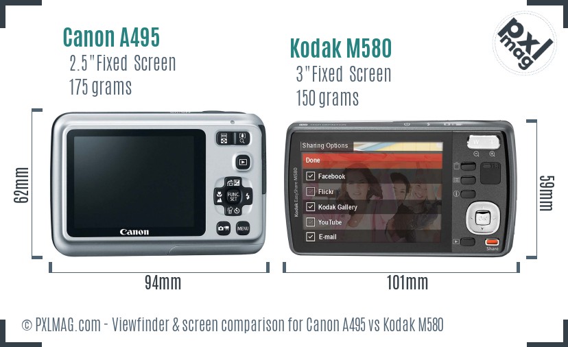 Canon A495 vs Kodak M580 Screen and Viewfinder comparison