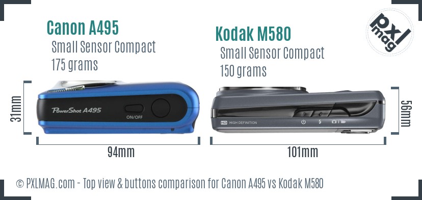 Canon A495 vs Kodak M580 top view buttons comparison