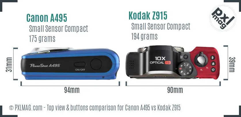 Canon A495 vs Kodak Z915 top view buttons comparison Canon A495 vs Kodak Z915 top view buttons comparison