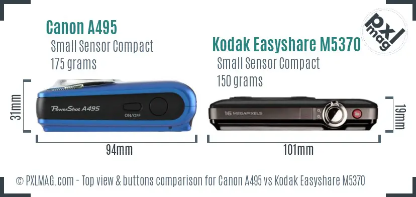 Canon A495 vs Kodak Easyshare M5370 top view buttons comparison