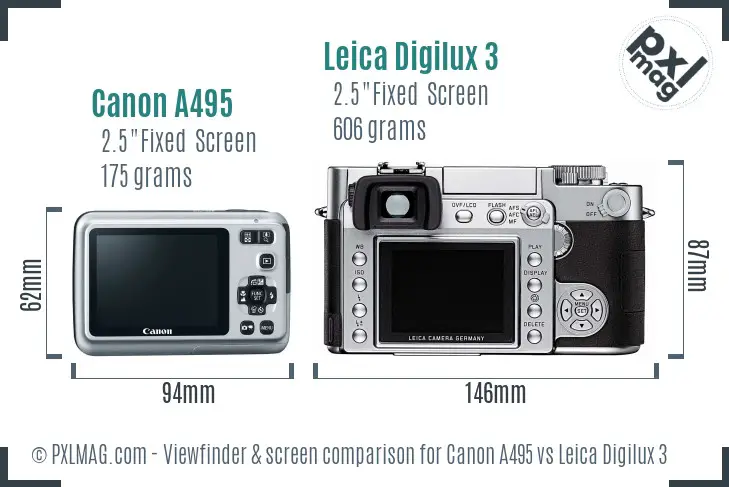 Canon A495 vs Leica Digilux 3 Screen and Viewfinder comparison