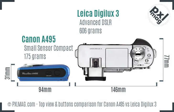 Canon A495 vs Leica Digilux 3 top view buttons comparison