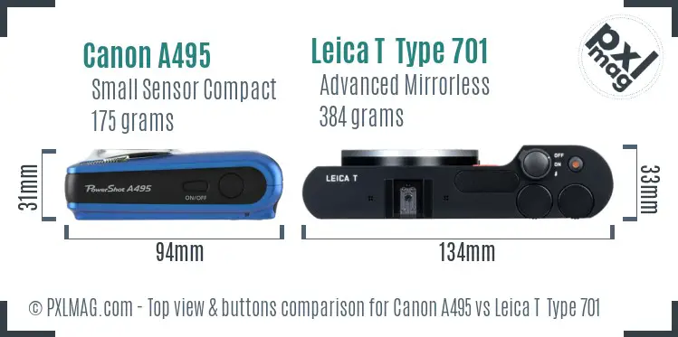 Canon A495 vs Leica T  Type 701 top view buttons comparison