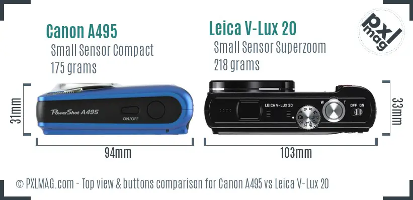 Canon A495 vs Leica V-Lux 20 top view buttons comparison Canon A495 vs Leica V-Lux 20 top view buttons comparison