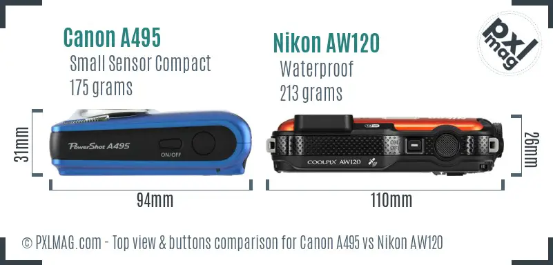 Canon A495 vs Nikon AW120 top view buttons comparison