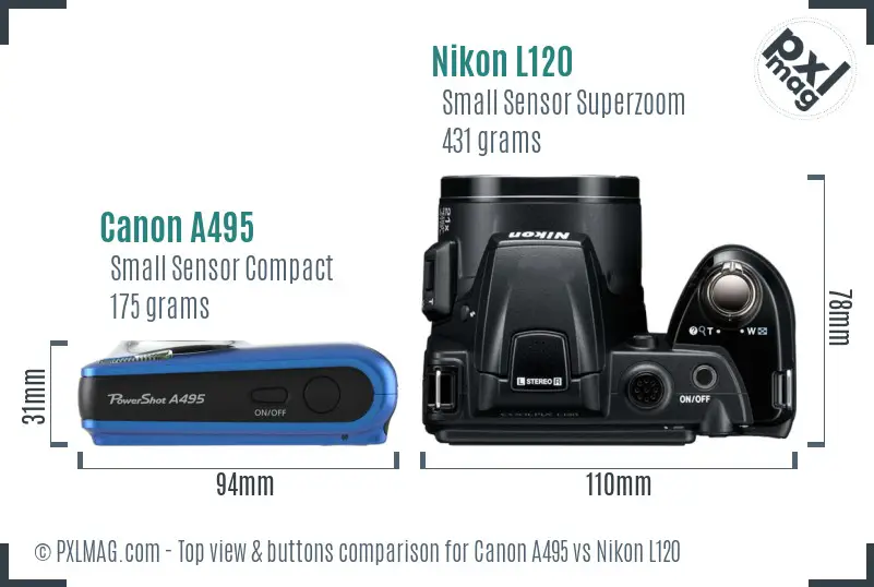 Canon A495 vs Nikon L120 top view buttons comparison