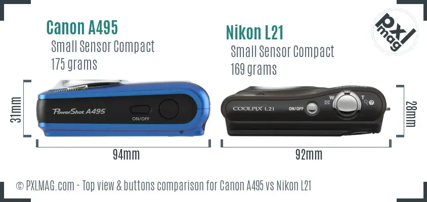 Canon A495 vs Nikon L21 top view buttons comparison