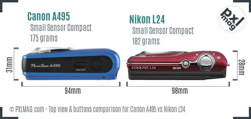 Canon A495 vs Nikon L24 top view buttons comparison