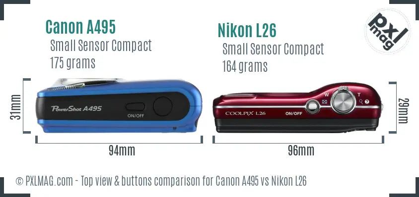Canon A495 vs Nikon L26 top view buttons comparison