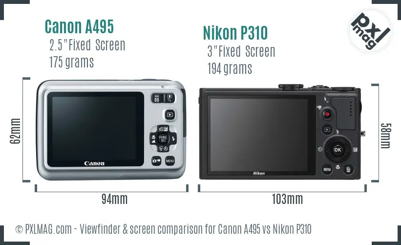 Canon A495 vs Nikon P310 Screen and Viewfinder comparison