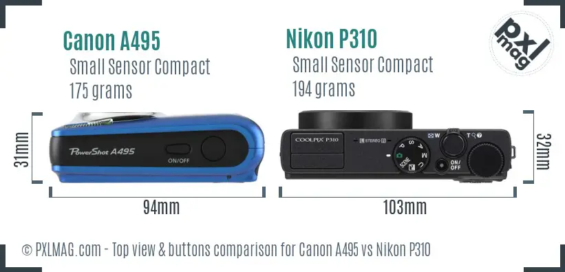 Canon A495 vs Nikon P310 top view buttons comparison