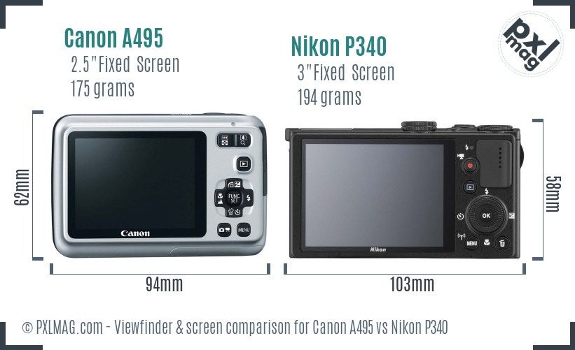 Canon A495 vs Nikon P340 Screen and Viewfinder comparison