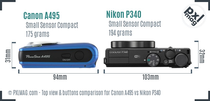 Canon A495 vs Nikon P340 top view buttons comparison