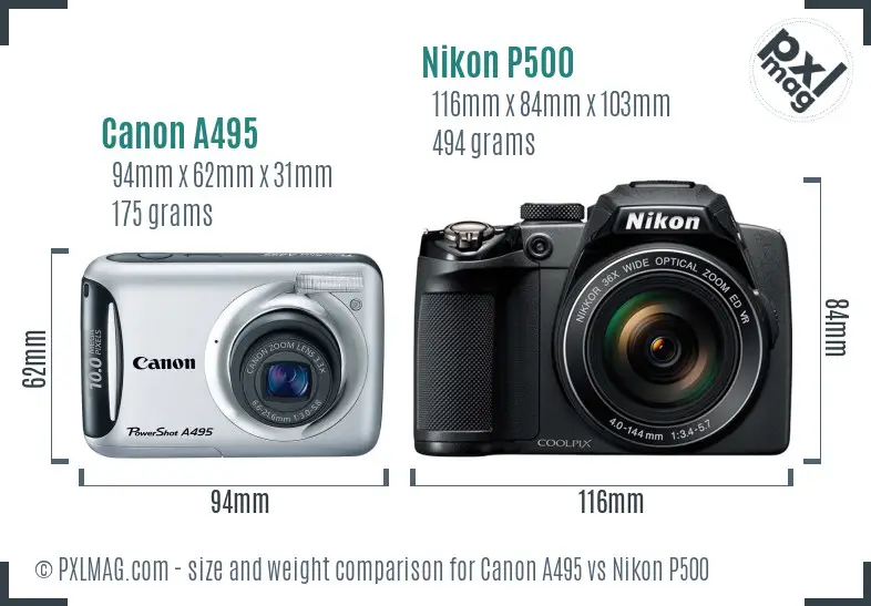 Canon A495 vs Nikon P500 size comparison