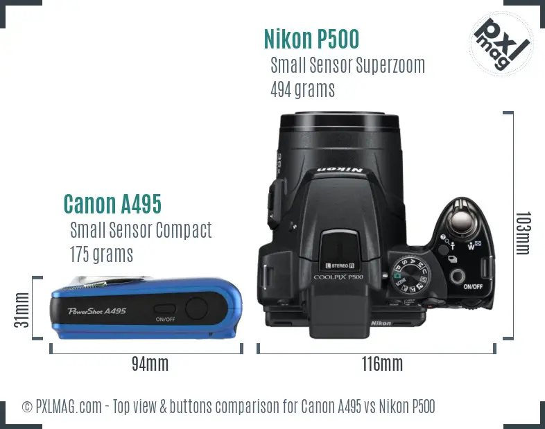 Canon A495 vs Nikon P500 top view buttons comparison