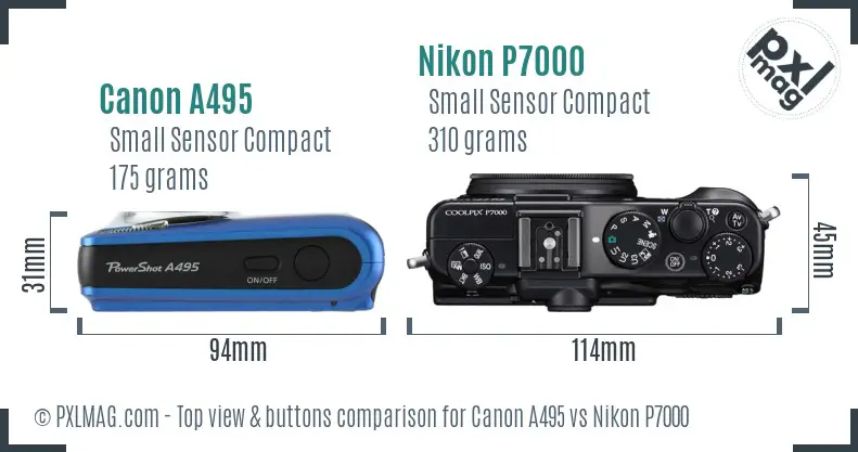 Canon A495 vs Nikon P7000 top view buttons comparison