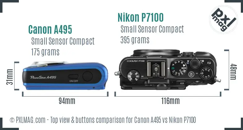 Canon A495 vs Nikon P7100 top view buttons comparison