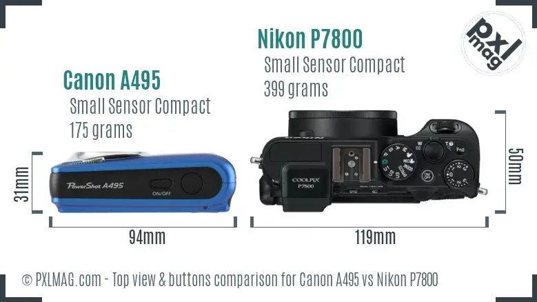 Canon A495 vs Nikon P7800 top view buttons comparison